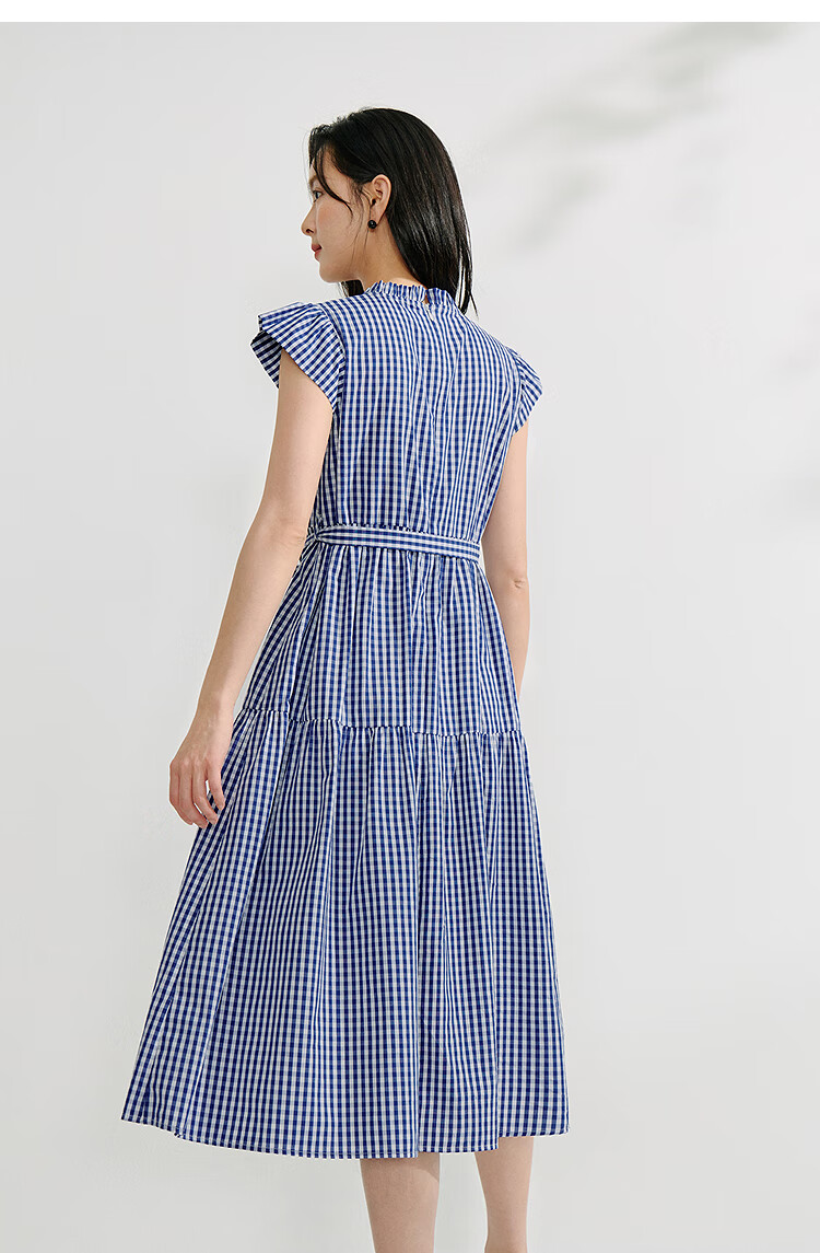 INMAN French Plaid Dress Summer Women's Versatile Puff Sleeve A-Line Skirt Navy Blue S 58