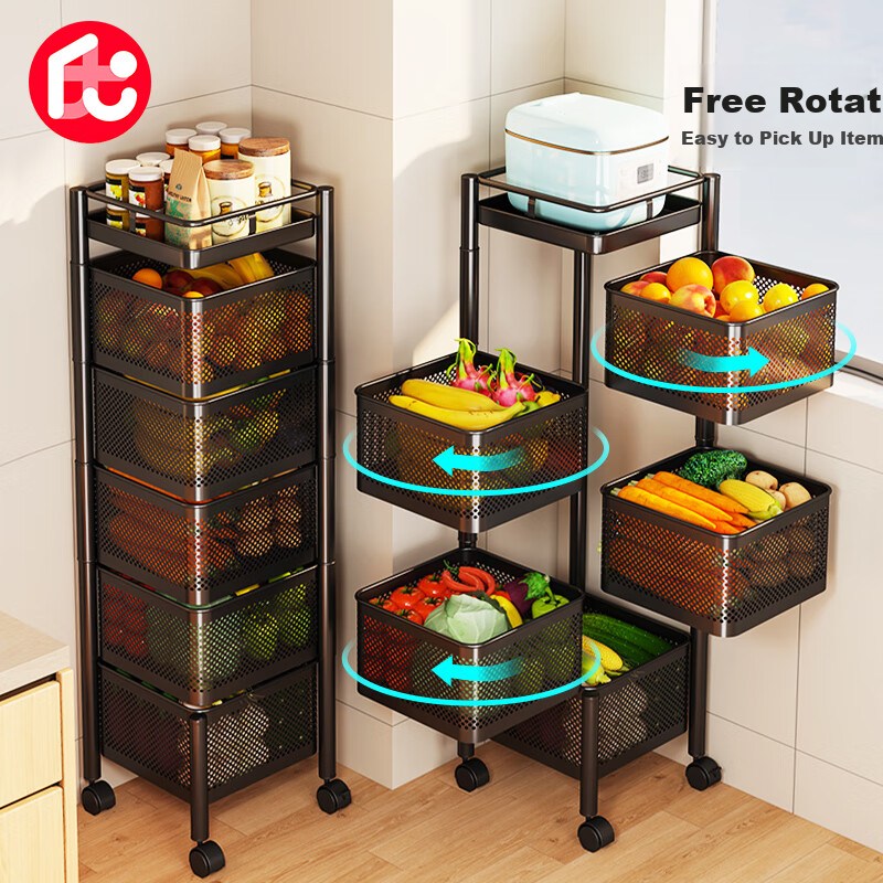 QIAONAMEI Kitchen Storage Rack, Floor-Standing Vegetable Stand, Rotatable Shelf, Multifunctional Storage Rack, 1118-6