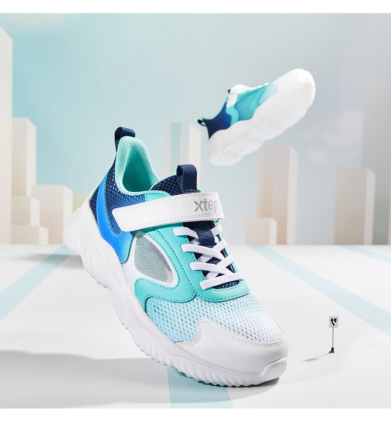 XTEP Children's Shoes, Boys' Big Kids Leather And Mesh Patchwork Velcro Running Shoes, Night Blue/aurora Green, Size 39 15