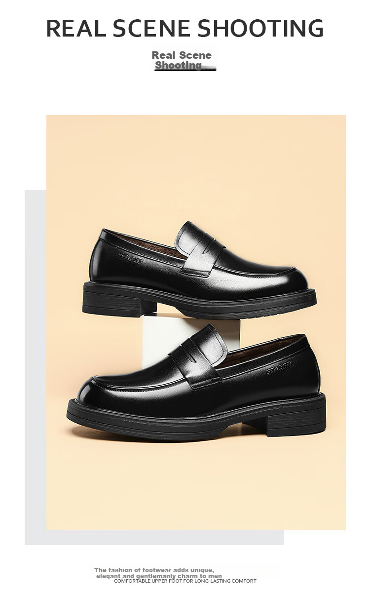 St&Sat Men's Shoes, Top-Grain Leather, Formal Business Dress Shoes, Versatile Slip-On Casual Leather Shoes for Men, Black, Size 43 11