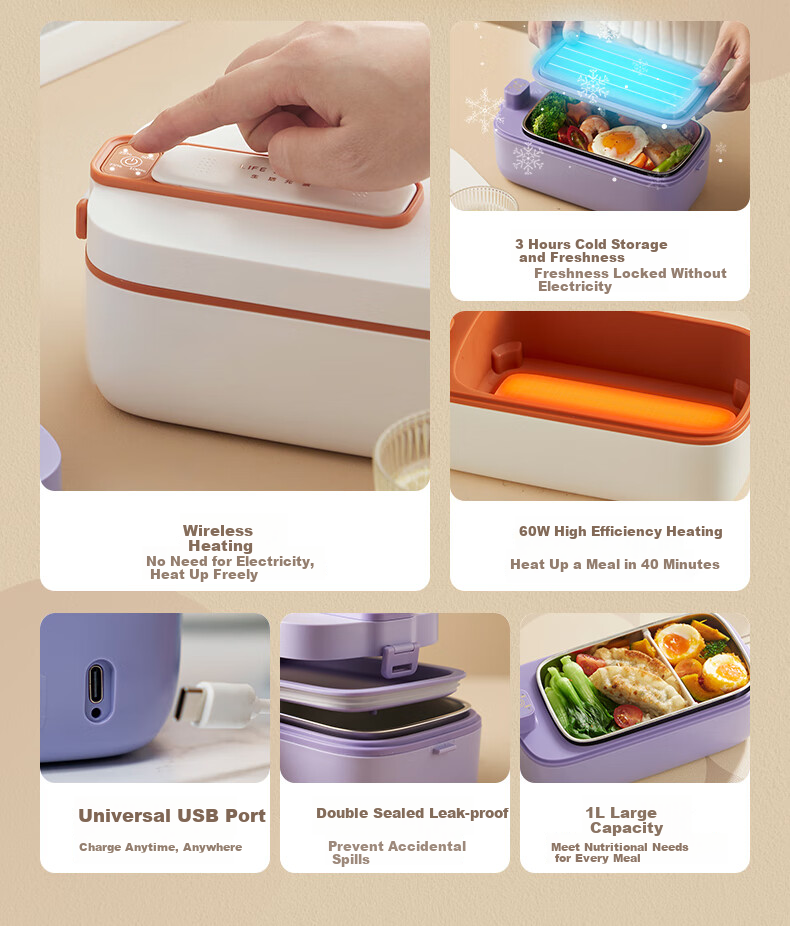 LIFE ELEMENT Rechargeable Electric Lunch Box, No Water Required, Student Lunch Box, Portable, Car-Friendly/USB Rechargeable Power Bank, Freezing Food Storage Container, F79-01 1