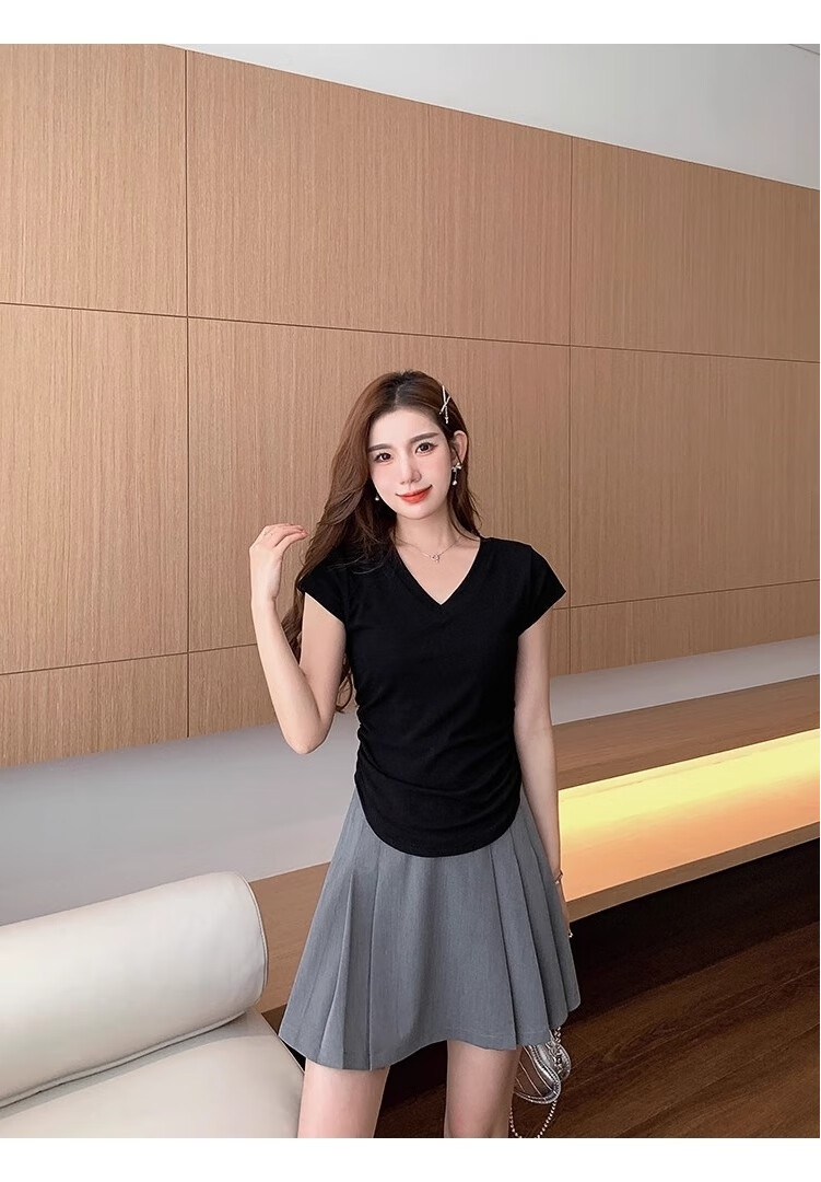 Woodpecker Women's V-Neck Short Sleeve T-Shirt 2025 New Spring Summer Slim Fit Waist Drawstring Casual Niche Top Black S 1