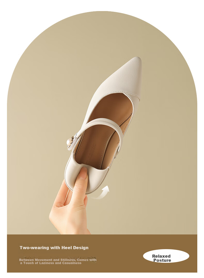 ZHR Mary Jane Shoes for Women, Elegant Pointed Toe Chunky Heel Leather Shoes, Slip-On Commuter Dual-Wear Women's Shoes BL267 Beige 38 5
