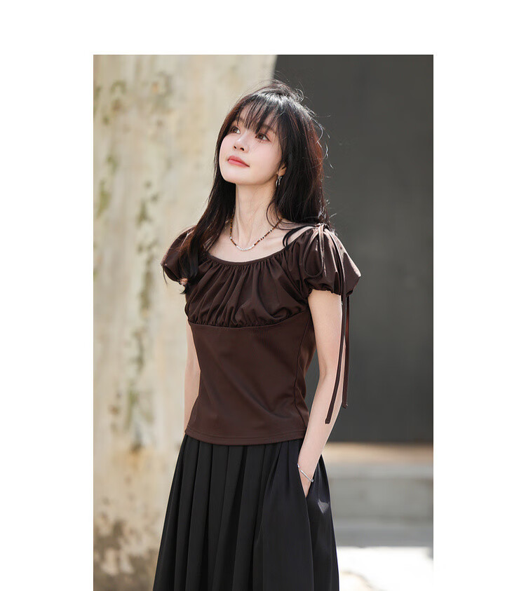 MT [Light French Girl] Summer Vintage Glossy Ice Silk Pleated Off-Shoulder Puff Sleeve Ribbon Women's T-Shirt 6