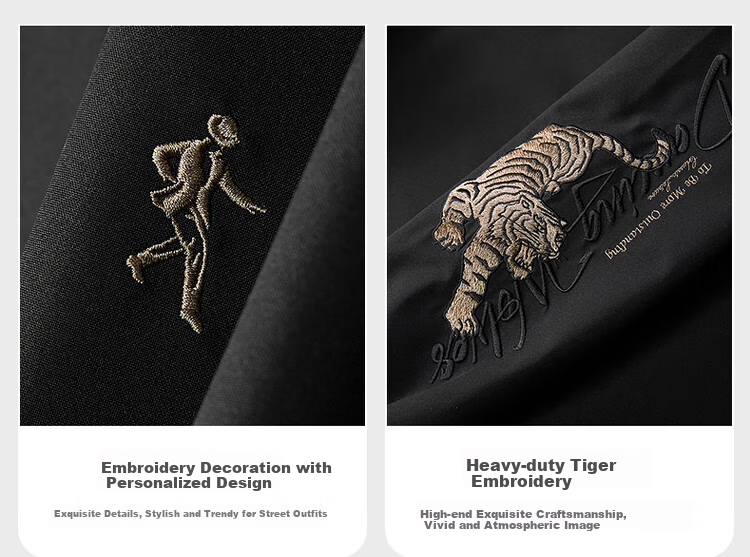 DANCING WOLVES [Tiger Logo Embroidery] Men's Baseball Collar Jacket, Easy-Care Versatile Coat, 001 Black, L(175) 3
