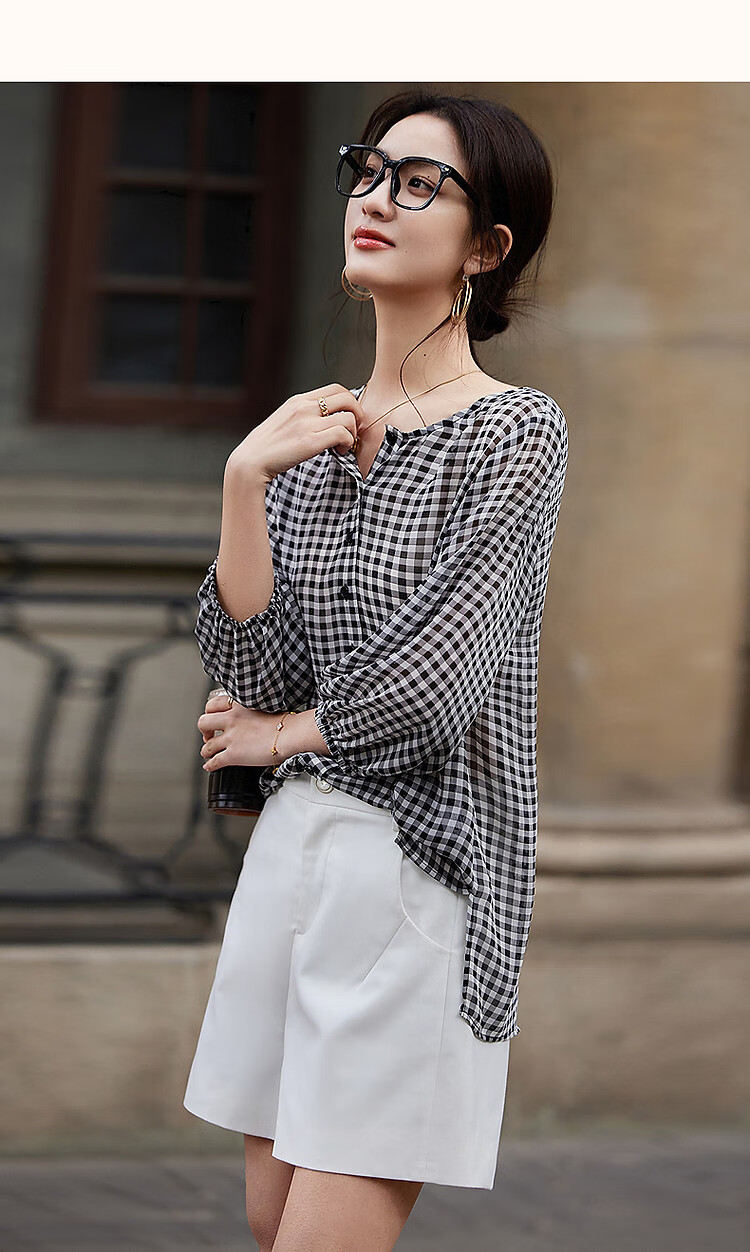 Dme [Japanese-Style Commuter] Spring Vintage Plaid Chiffon Printed Shirt with Short Front And Long Back, Elastic Sleeve Blouse for Women Top 9
