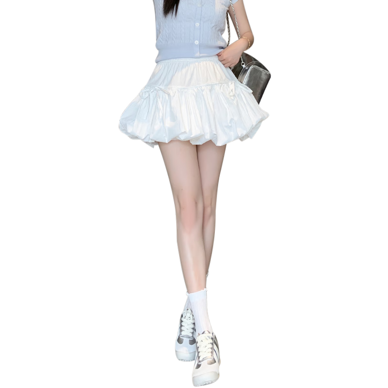 BOPRUIEY White Bud Short Skirt Women's Summer Anti-Exposure High-Waist Cloud Puff A-Line Skirt with Bow