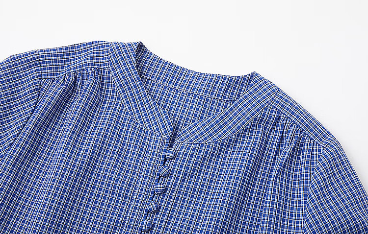 Dme [Salt-Style Youthful Plaid] Spring Small Stand-Collar Cloud-Feel Cotton Shirt with Small Pleats And Elastic Band, Women's Blouse Top 5