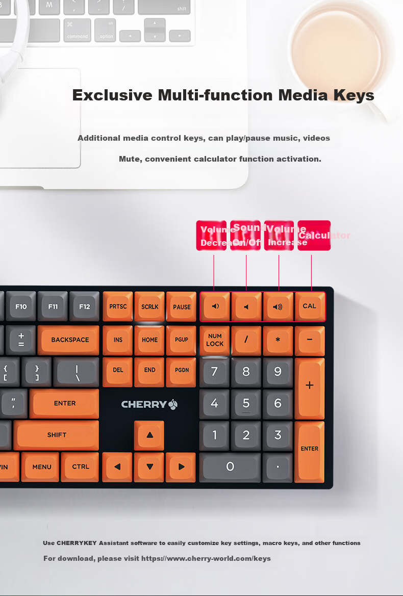 CHERRY KC200 Mechanical Keyboard, Office And Gaming Dual-Use Keyboard, Computer Keyboard, Orange-Gray Color Scheme Customizable Keyboard, PBT Keycaps Wired Keyboard, Brown Switches 108 Keys 6