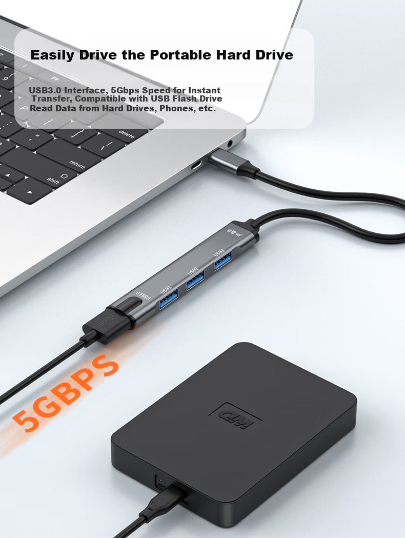 Jinghua Type-C Hub USB3.0 Four-Port Expansion Dock HUB One-To Splitter Computer Laptop Converter IPad Phone Adapter Alloy Black And Gray N803 6