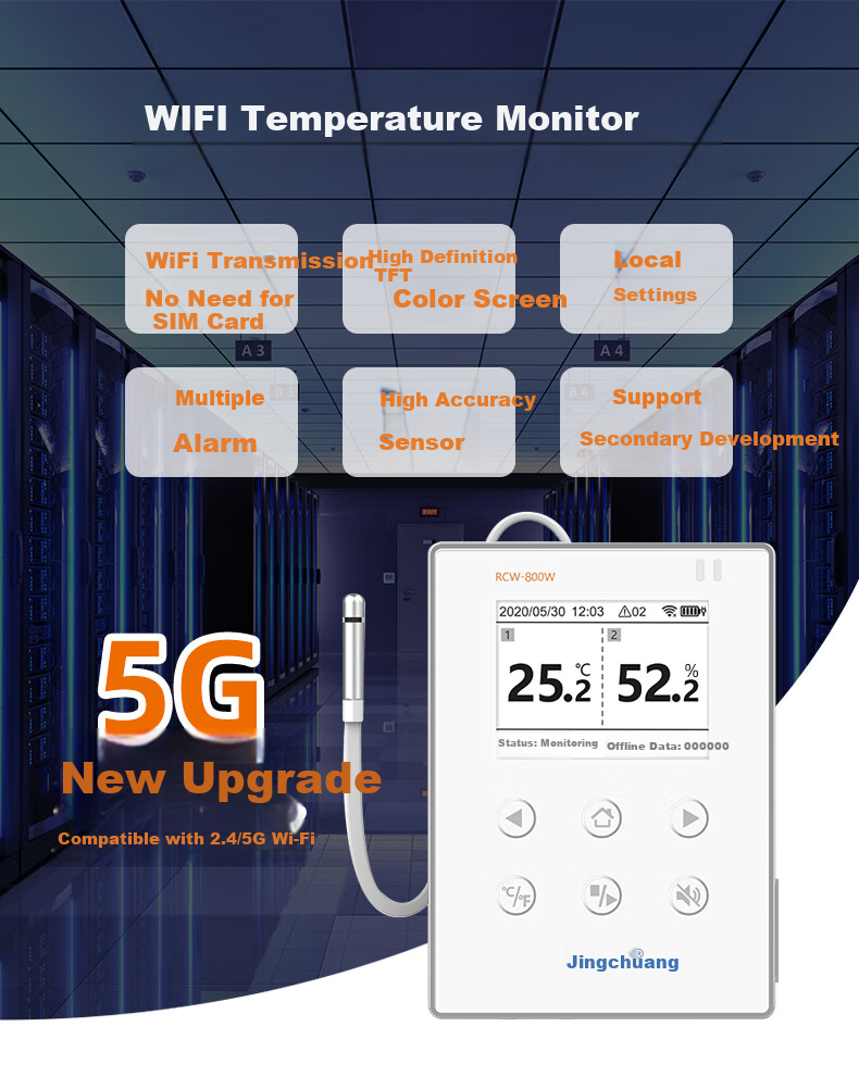 Elitech RCW-800W Remote Temperature Monitoring Alarm for Server Rooms, WiFi Connected Industrial Warehouse Temperature And Humidity Meter 1