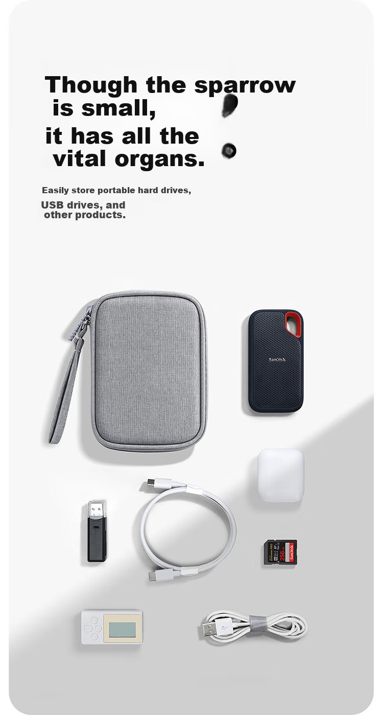 BUBM 2.5-Inch Portable Hard Drive Enclosure, Multifunctional Cable Storage Case, USB Drive Phone U-Dong Power Bank Earphone Protective Cover, Digital Accessory Storage Bag, Gray Single Layer 3