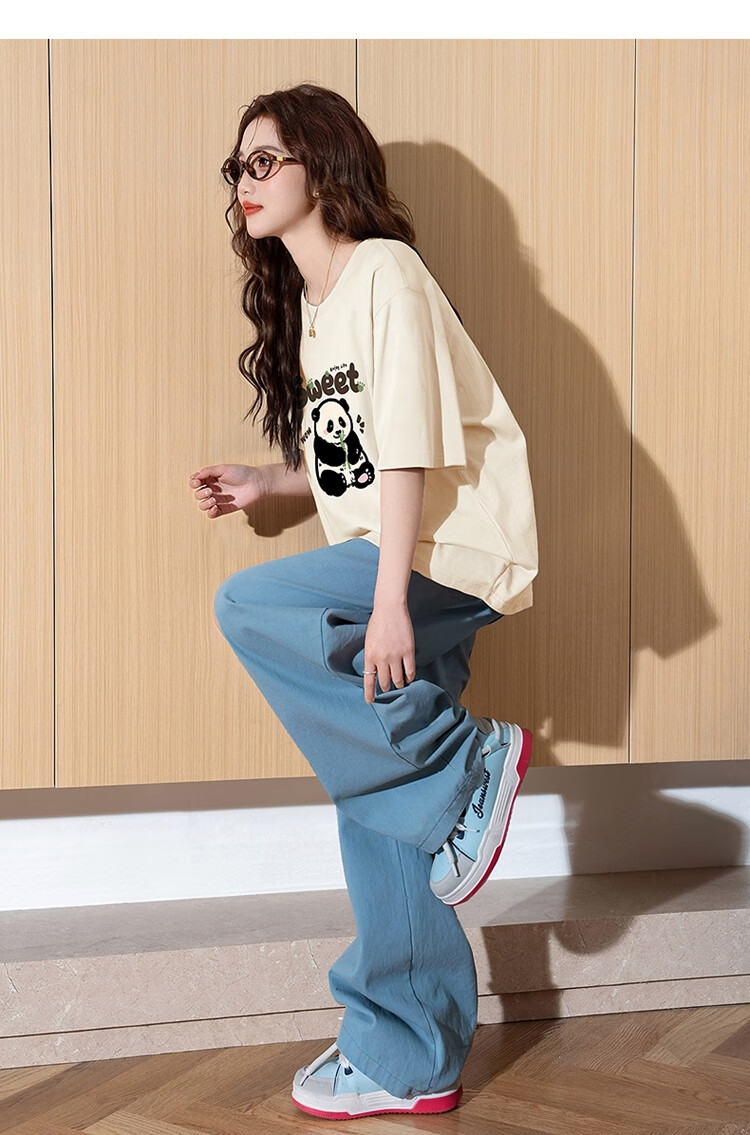 TonLion 2025 Summer Women's Knitted Front Chest Cartoon Panda Short-Sleeve T-Shirt, Apricot Color, Size L 10