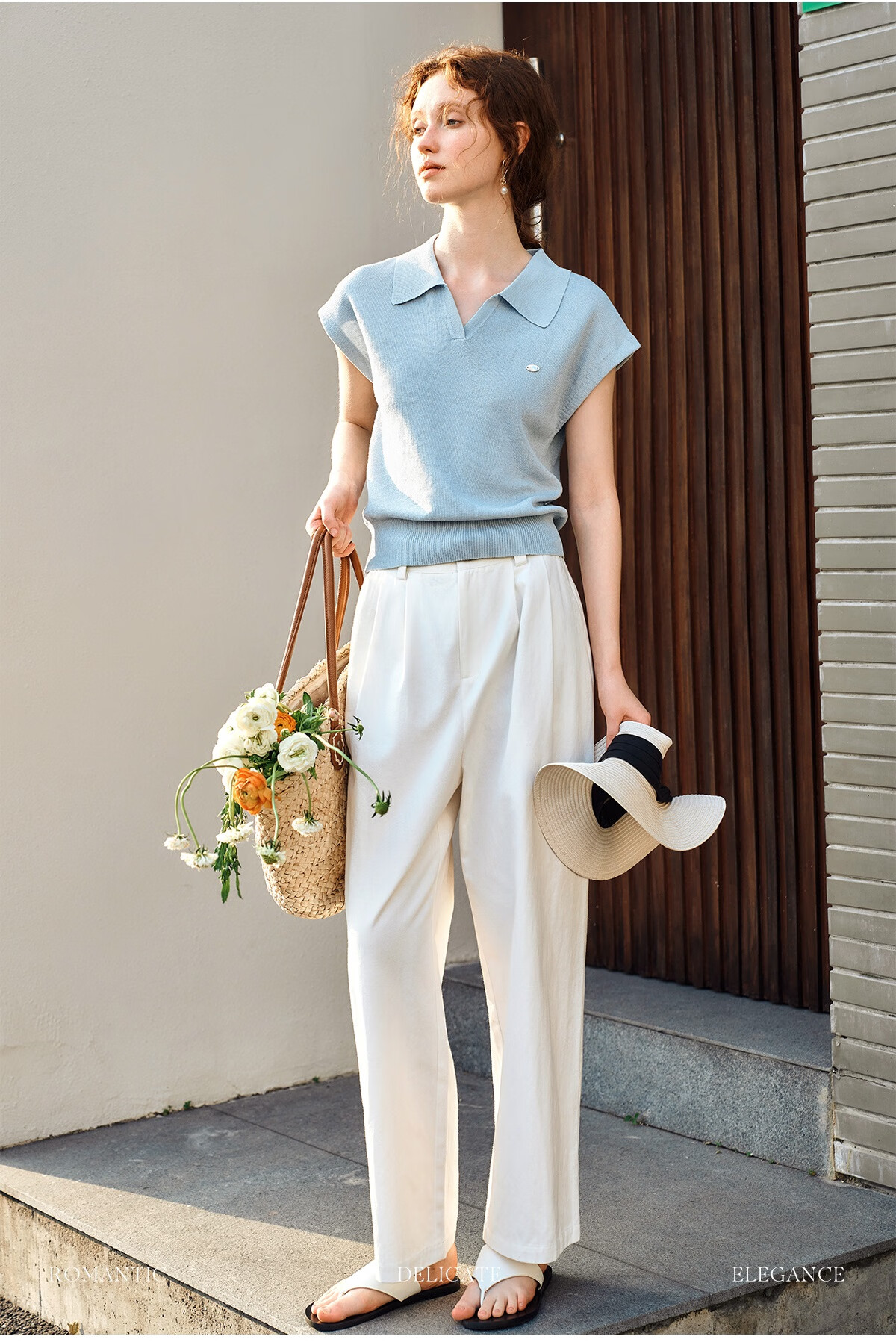 Olrain POLO Collar Knit Sweater for Women, Spring And Summer Commuter Short-Sleeve Pullover Top, Blue, Size M 40