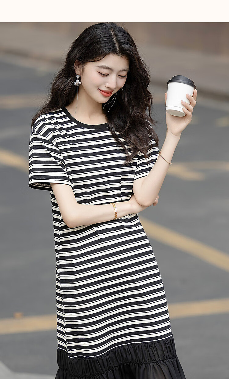 Demana High Elasticity Body-Friendly Summer Ribbed Round Neck Ruched Wave Edge Waistless Five-Sleeve Women's Dress 15