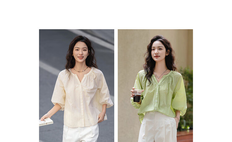 Dme [Bian Dao Qing Shi] Spring Literary Style Simple V-Neck Mid-Sleeve Shirt, Lightweight Breathable Blouse, Women's Top 3