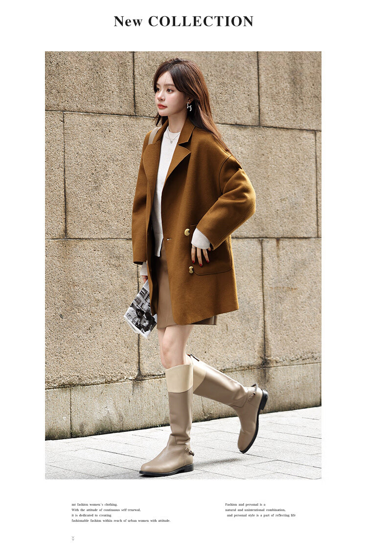 MT Korean Style Autumn Street Minimalist Classic Large Lapel Pocket Double-Faced Wool Coat Light Camel M 3