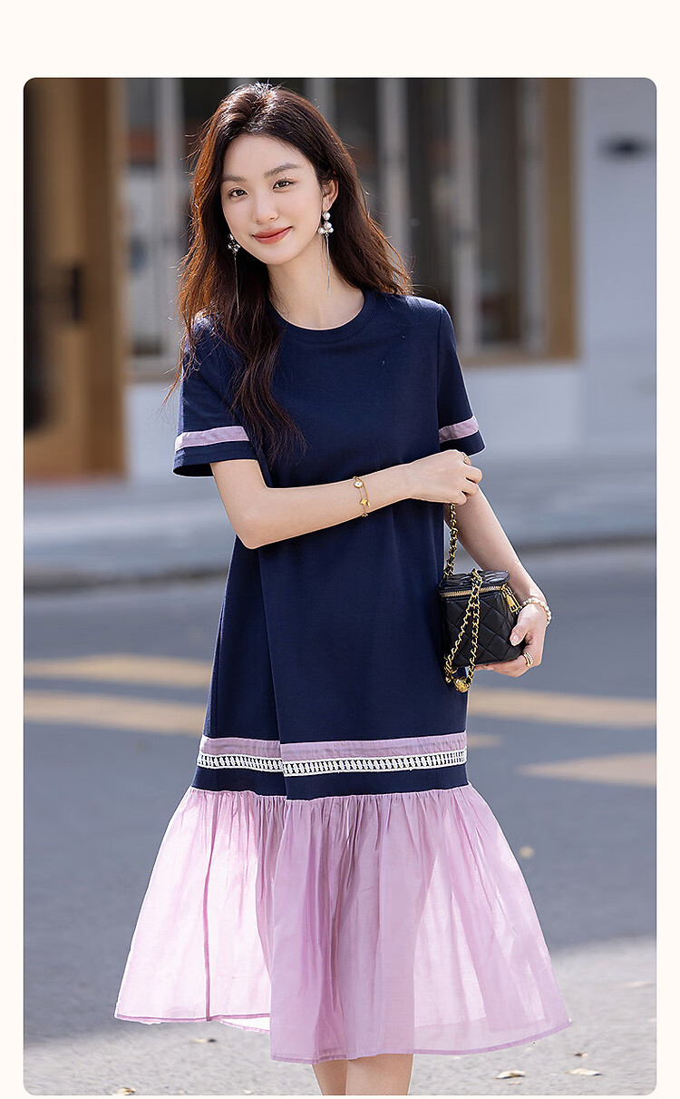Demana [215G Pique Mesh] Summer Relaxed Fit Commuter Crew Neck Short Sleeve Color-Block Trim Women's Dress 2