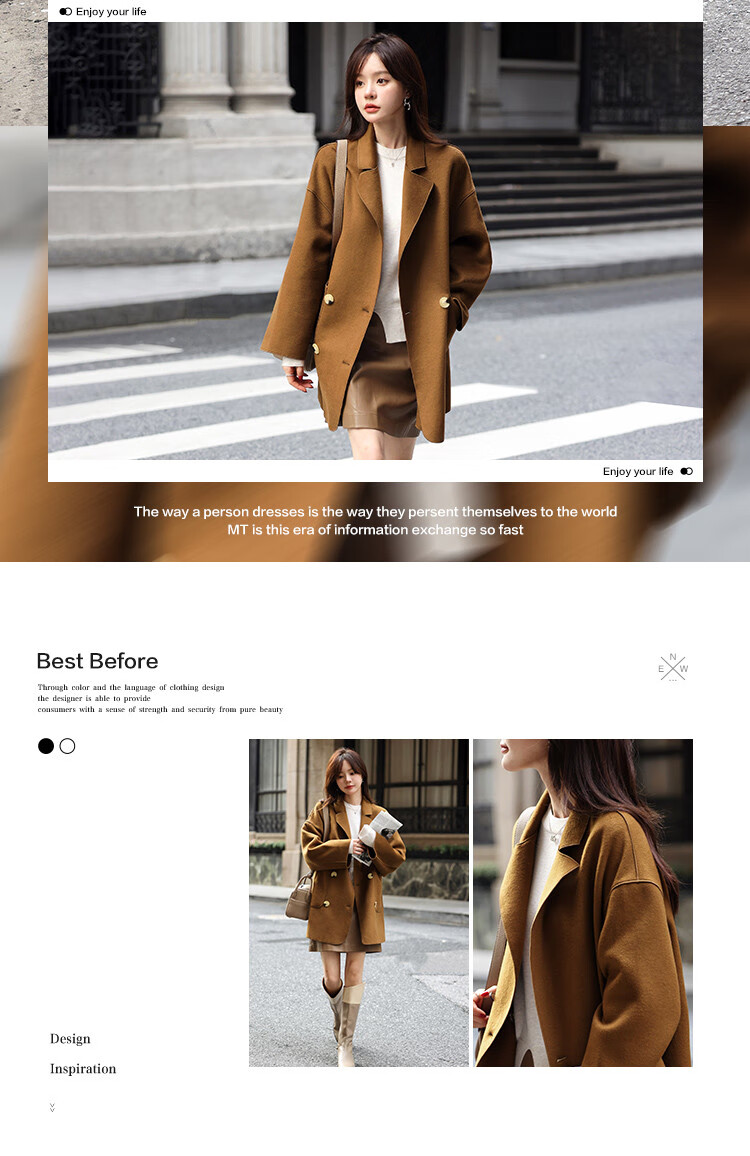 MT Korean Style Autumn Street Minimalist Classic Large Lapel Pocket Double-Faced Wool Coat Light Camel M 1
