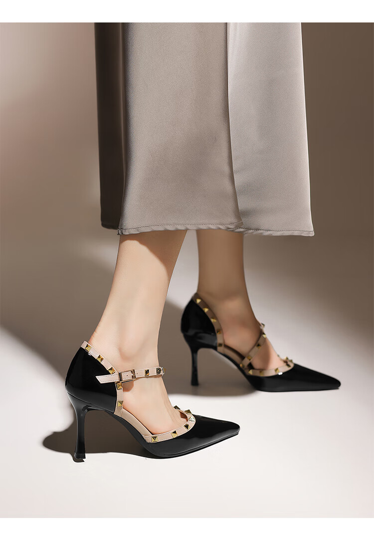 ZHR Rivet High Heels for Women, Elegant Pointed Toe, Socialite Style, Thin Heel Pumps, Sexy Closed-Toe Sandals for Women, IE02, Nude Pink, Size 34 11