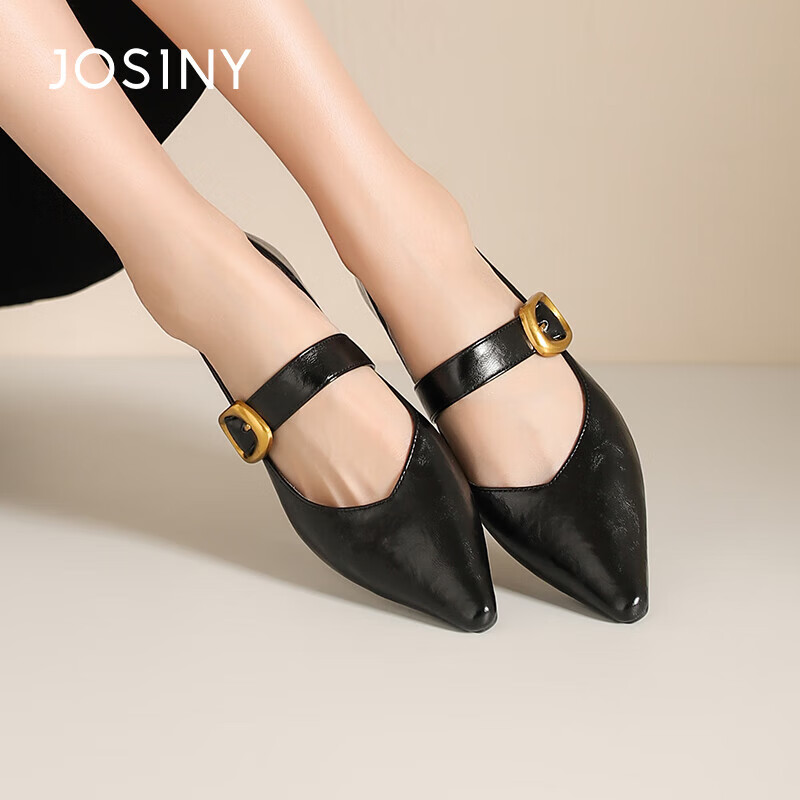 Josiny French Pointed Toe Single-Strap Mary Jane Shoes for Women, New Spring And Autumn 2026 Style, Small Leather Shoes, Retro Chunky Heel Flats, Black, Size 36