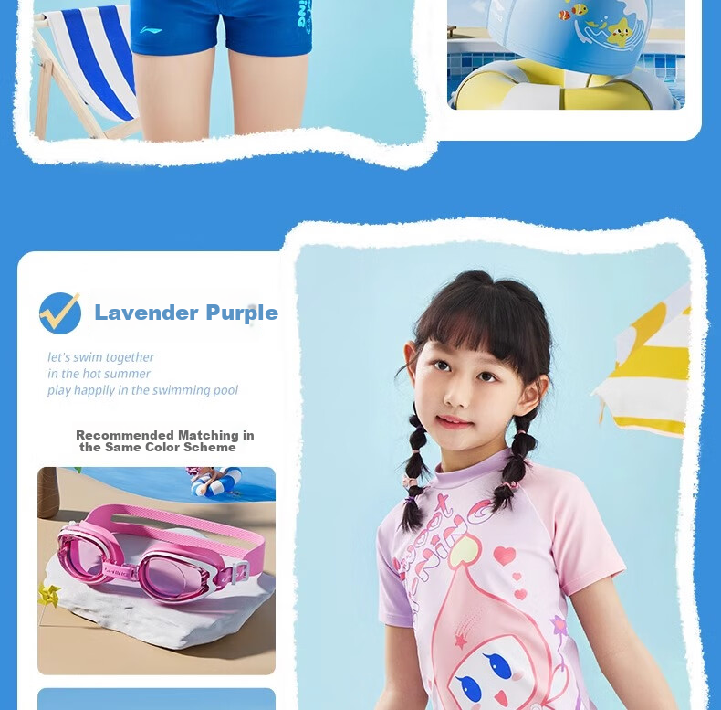 Li-Ning Children's Swimsuit, Girls' Two-Piece Sports Swimwear, Cartoon Design, Skin-Friendly, Quick-Drying Swimwear 12
