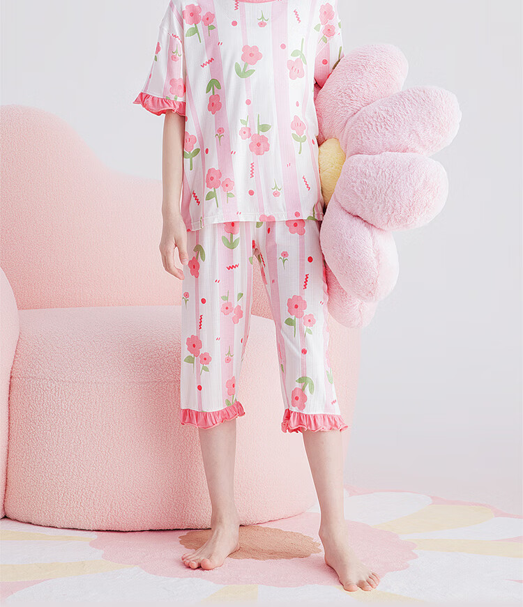 DEESHA [Ice Silk Smooth] Girls' Spring And Summer Pajamas, 7A Antibacterial Thin Short-Sleeve Top And Capri Pants, Air Conditioning Wear, Children's Loungewear 4