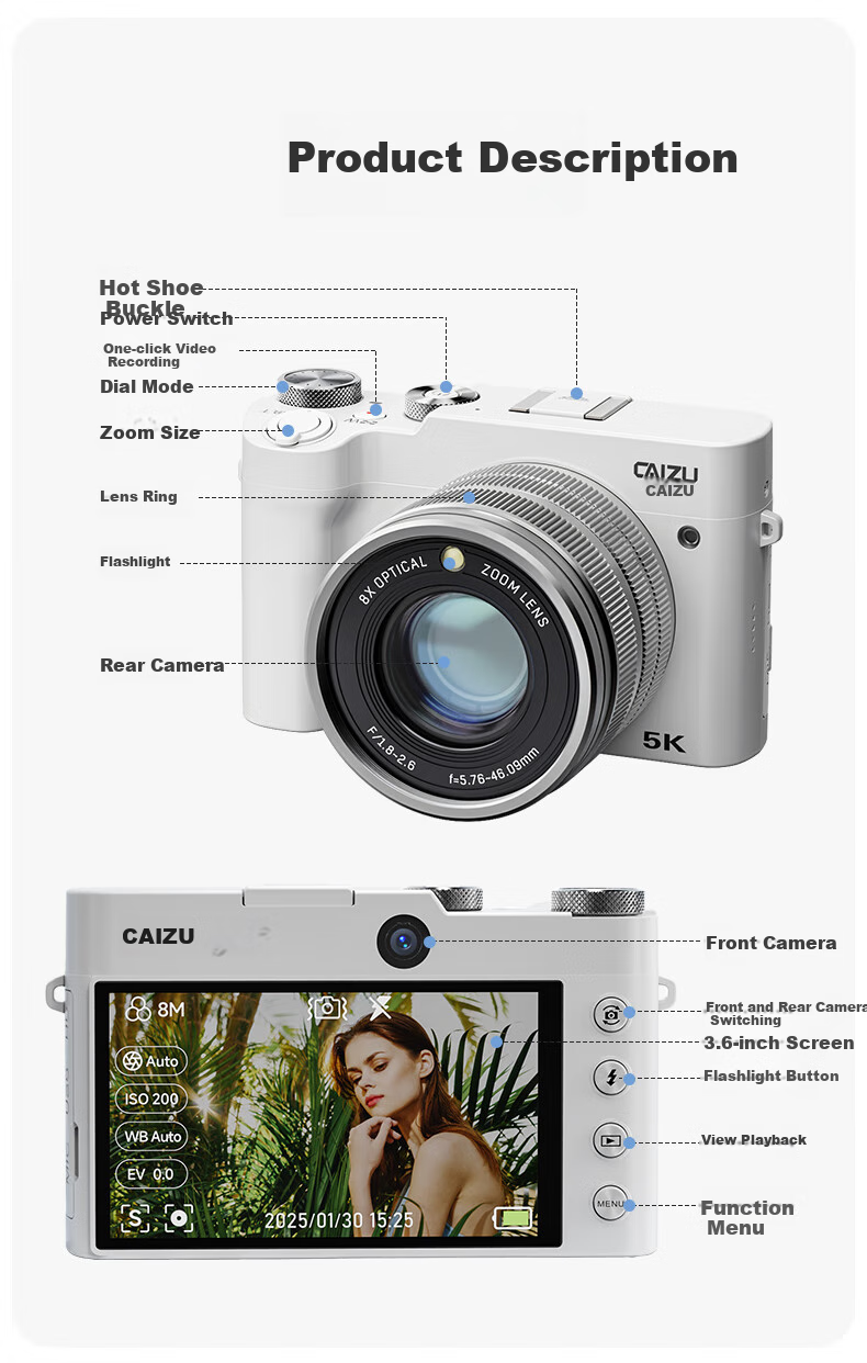 CAIZU Dual-Lens True 8x Optical Zoom Digital Camera, Photography And Travel-Specific Mirrorless Camera, Domestic Hisilicon Chip Lens, Variable Focus Camera, Birthday And Holiday Gift 9