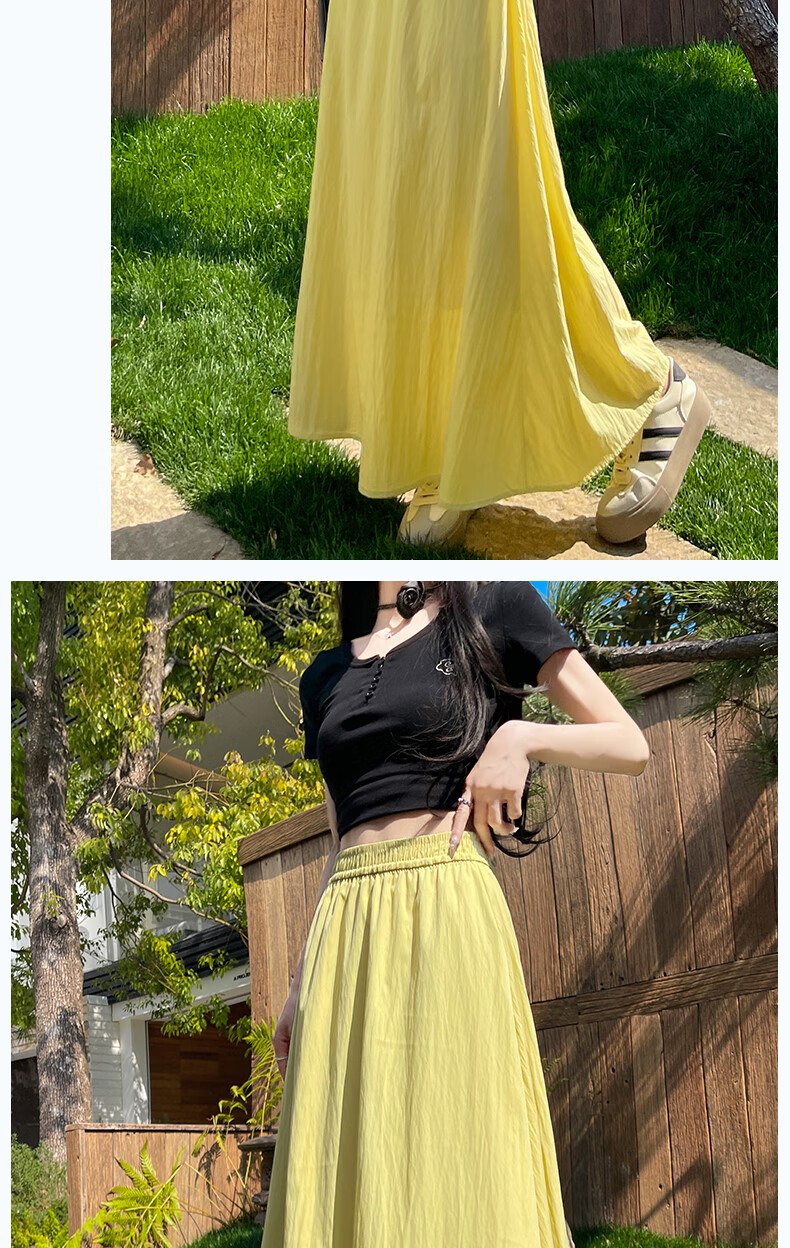 Langsha Women's Summer High-Waist Draped A-Line Skirt Loose Comfortable Elastic Waist Casual Slimming Skirt 17