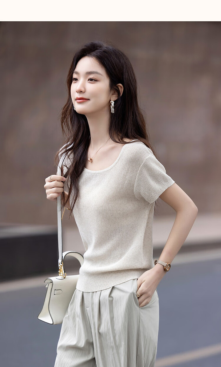Demana Natural Linen Summer Elegant Round Neck Short Sleeve Loose Knit Top for Petite Women 23