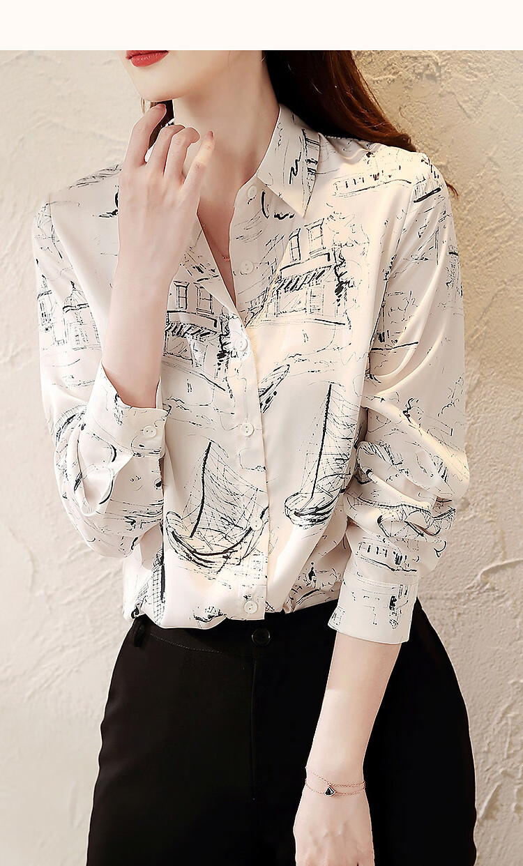 Dme [Cool Korean Style Goddess] Autumn French Collar Chiffon Printed Slimming Shirt Women's Top Spring 11