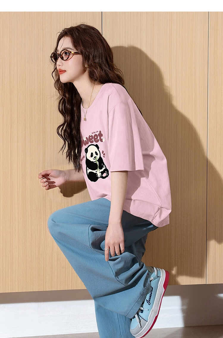 TonLion 2025 Summer Women's Knitted Front Chest Cartoon Panda Short-Sleeve T-Shirt, Apricot Color, Size L 3