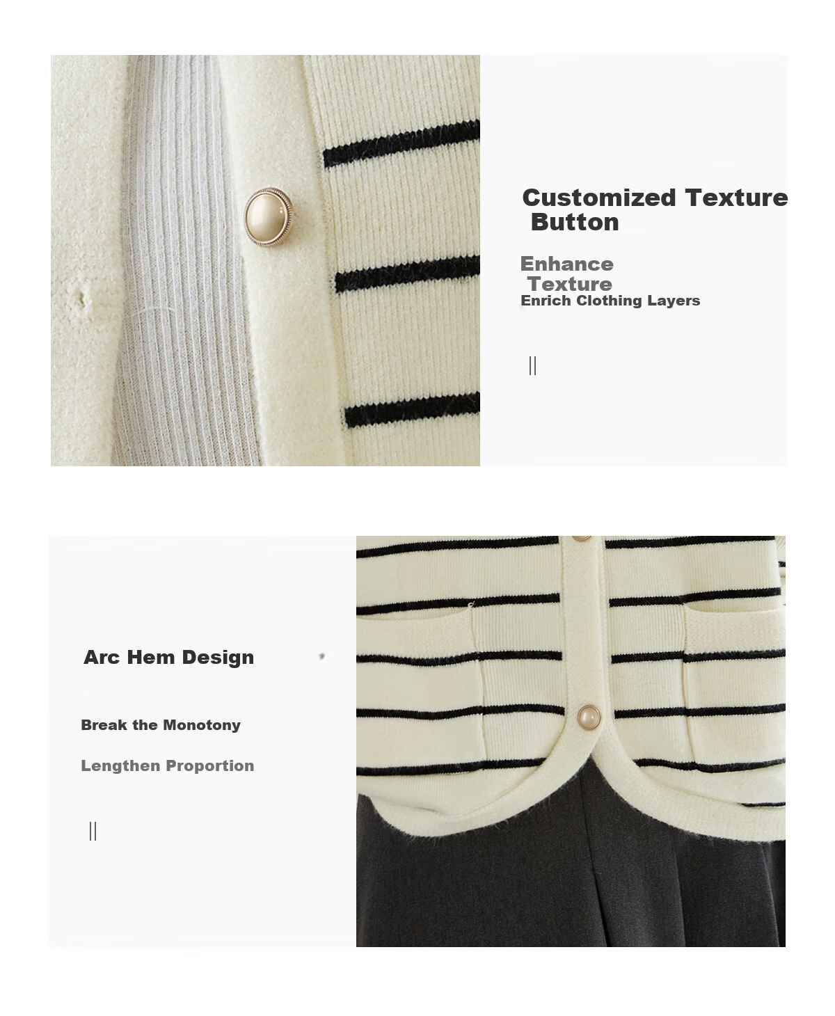 Chushen Spring And Autumn Knitted Cardigan for Women, Versatile Round Neck Fashionable Striped Curved Hem Sweater Jacket Top S143Z1032 4