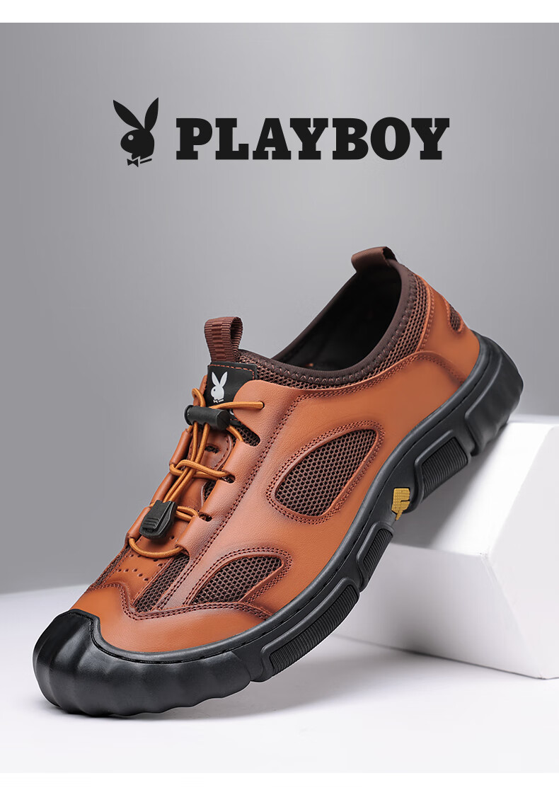 PLAYBOY Men's Shoes, Lightweight Breathable Hollow Business Sandals, Closed-Toe Genuine Leather Middle-Aged Dad Sandals, Dark Brown, Size 38 4
