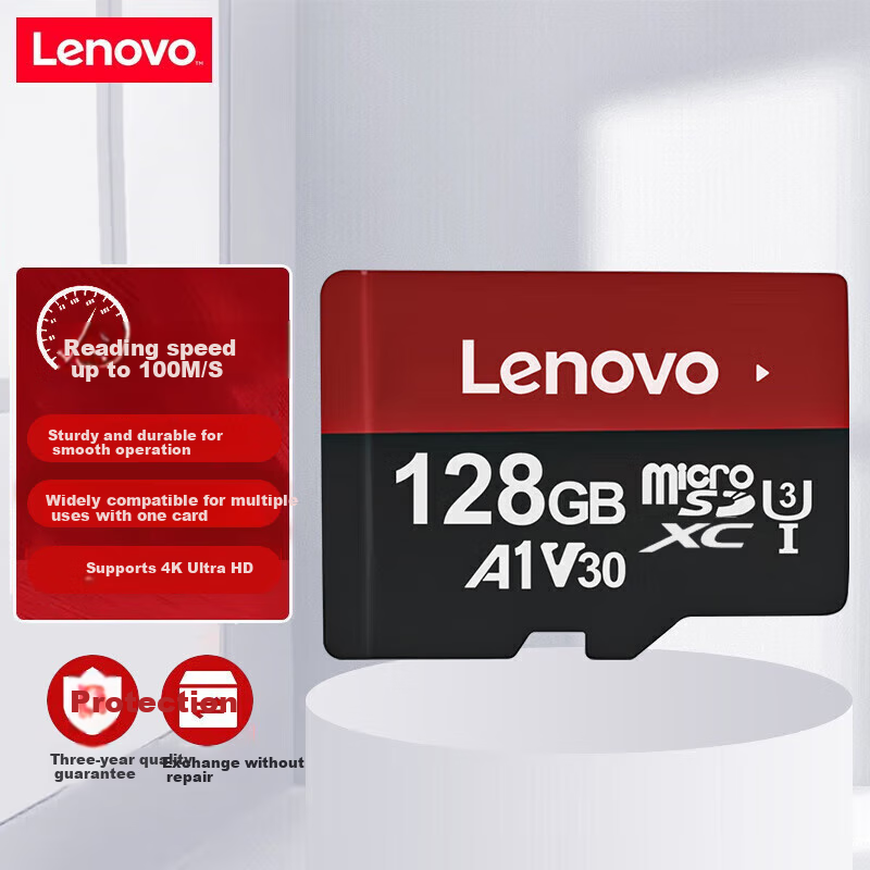 Lenovo 128GB TF (MicroSD) Memory Card U3 V30 A1, Specialized Card for Smartphones, Tablets, Monitors, And Dash Cams