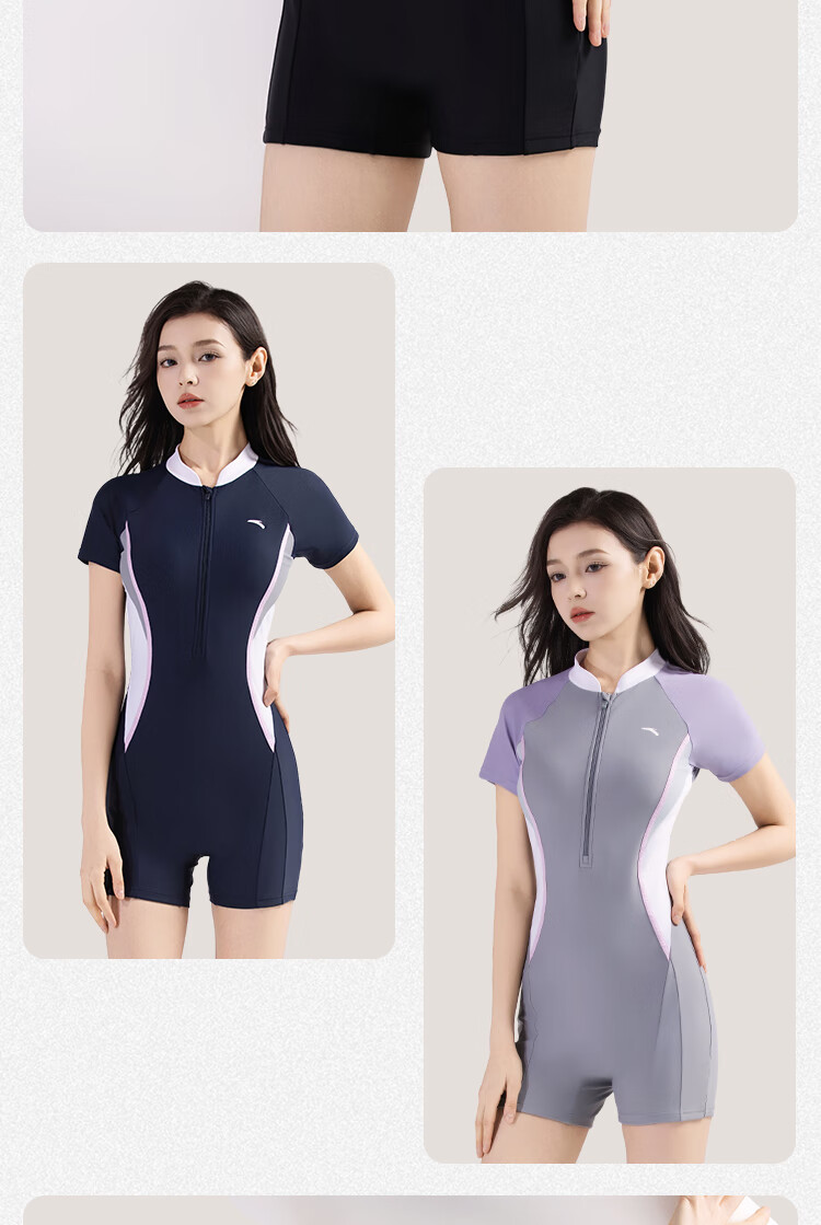Anta Women's New Short Sleeve One-Piece Swimsuit Slim Fit Conservative Professional Racing Swimwear Purple Gray M 15