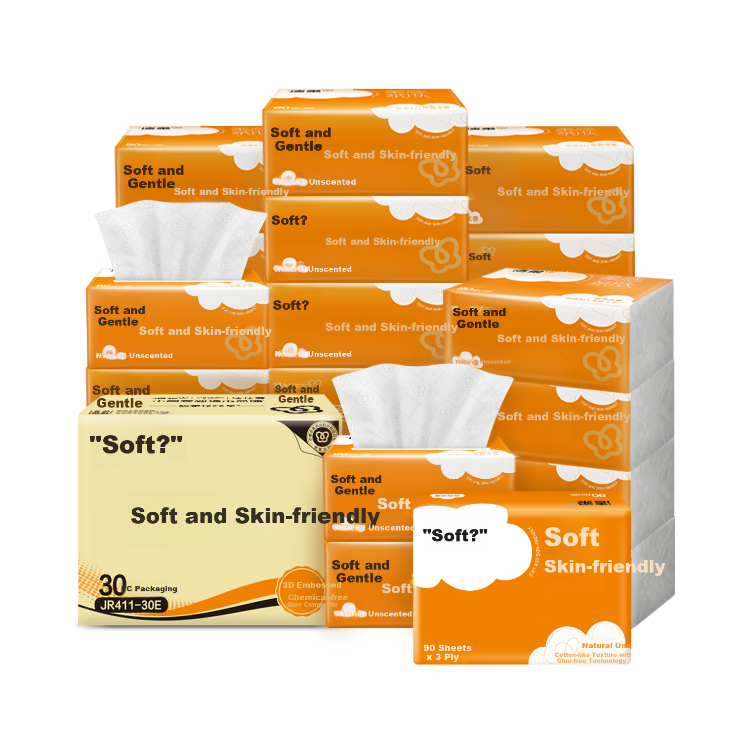 C&S Facial Tissues, Soft Cotton Feel, 3-Ply, 90 Sheets*30 Packs, Embossed Paper Towels, Skin-Friendly, Water-Absorbent Toilet Paper, Whole Box