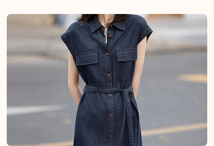 Demana [Goddess of Elegance] Summer Urban Turn-down Collar Patch Pocket Flap Sleeve Belted Mid-length Women's Denim Dress 4
