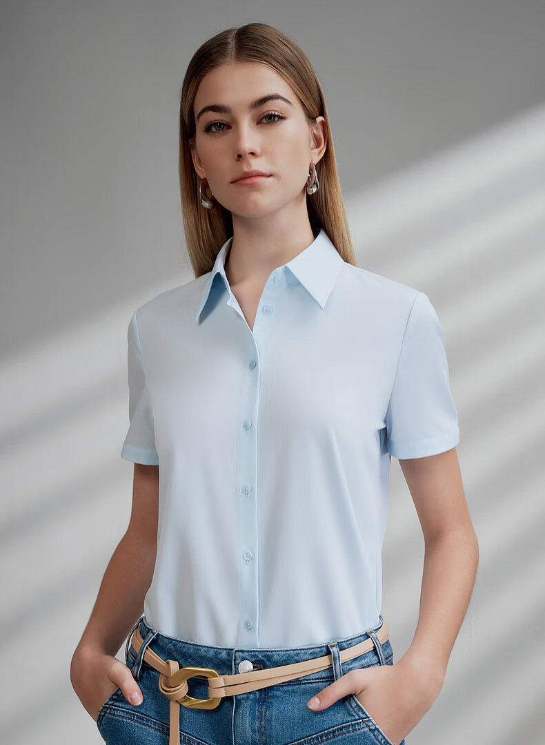 G2000 Modal Stretch Women's Short Sleeve Shirt with Bow Gift Spring Summer Mall Edition Ice Blue Size 38 1