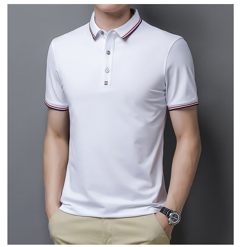 ROMON Men's Heavyweight Double Pique Cotton Soft Ice-Feel Smooth Stretch Seamless Business Short Sleeve Polo Shirt White XL 11