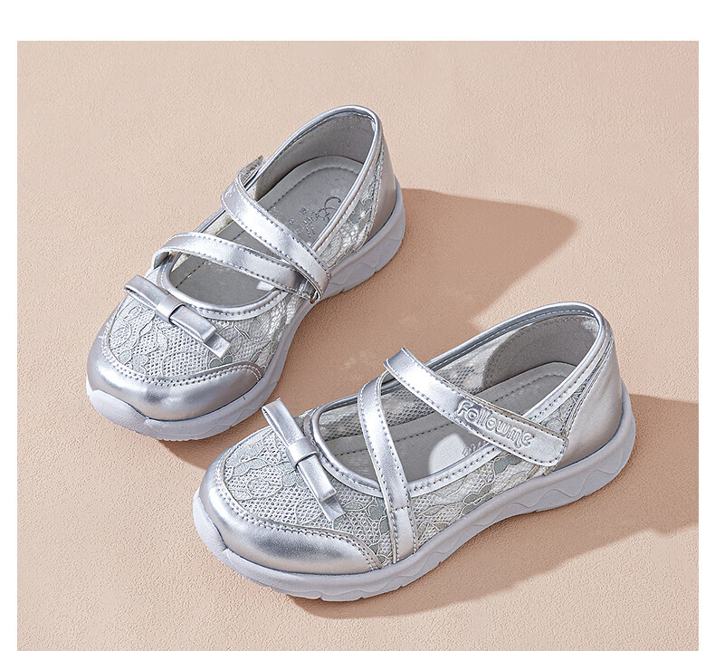 Follow Me Girls' Sports Shoes, Spring And Autumn Mesh Breathable Casual Shoes, Big Kids Sweet Bow Flats, Silver, Size 30 9