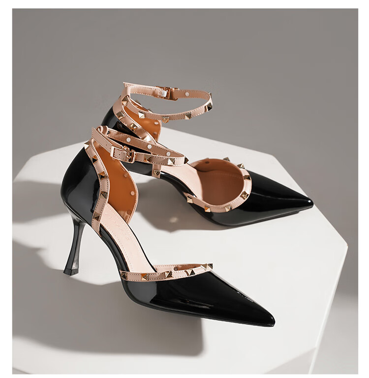 ZHR Rivet High Heels for Women, Elegant Pointed Toe, Socialite Style, Thin Heel Pumps, Sexy Closed-Toe Sandals for Women, IE02, Nude Pink, Size 34 34