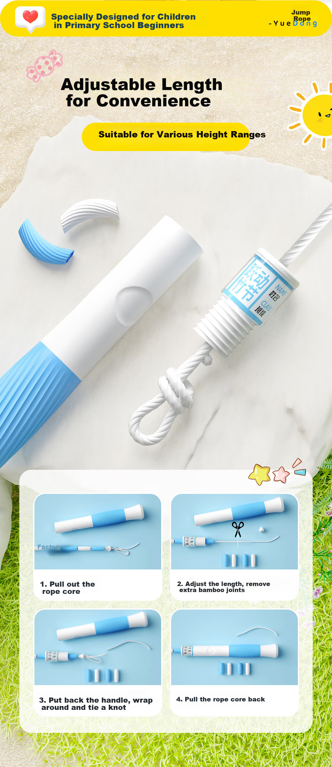 Yuedong Jump Rope for Children, Elementary School Students, First Grade, No-Tie Professional Kindergarten Senior Class Beginner Rope 12