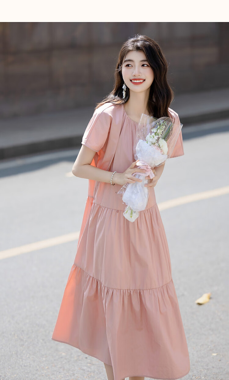 Demana Soft Mist Morandi Summer French Style Pure Cotton Round Neck Design Split Loose Waist Short Sleeve Women's Dress 15