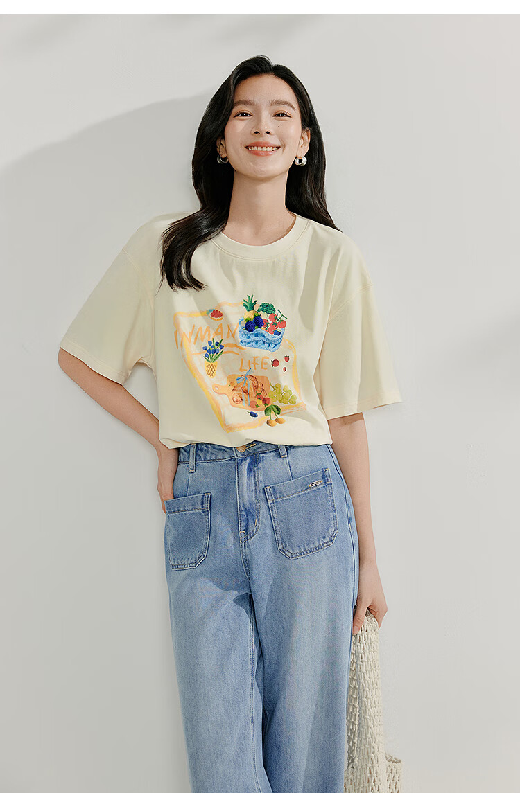INMAN Casual Printed Pure Cotton T-Shirt, Women's Versatile Loose Short-Sleeve Top for Summer 2026, Light Apricot Color, Size M 9