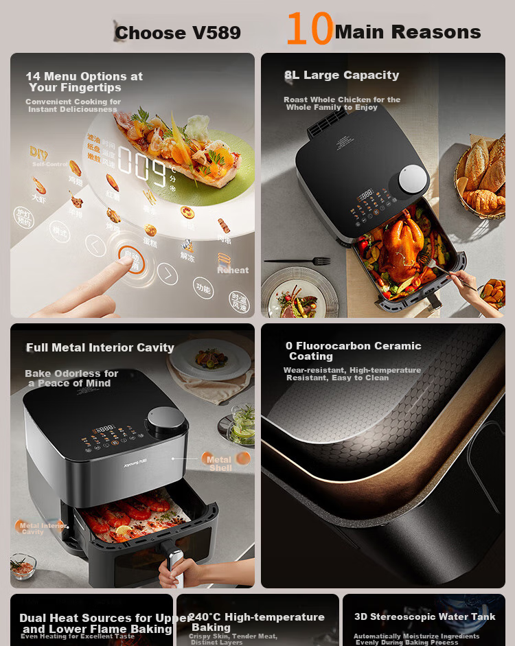 Joyoung Home 8L Air Fryer with No-Flip Design, Air Roasting Machine, All-Metal 3D Interior, Water-Filling Compartment, Oil-Free Low-Fat Electric Fryer KL80-V589 1