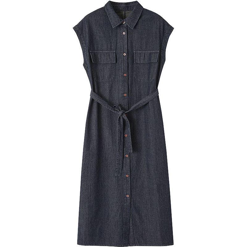 Demana [Goddess of Elegance] Summer Urban Turn-down Collar Patch Pocket Flap Sleeve Belted Mid-length Women's Denim Dress