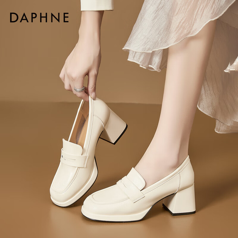 DAPHNE Women's High Heel Loafers Spring Autumn New Retro British Style Professional Work Slip-On Small Leather Shoes Off-White 37