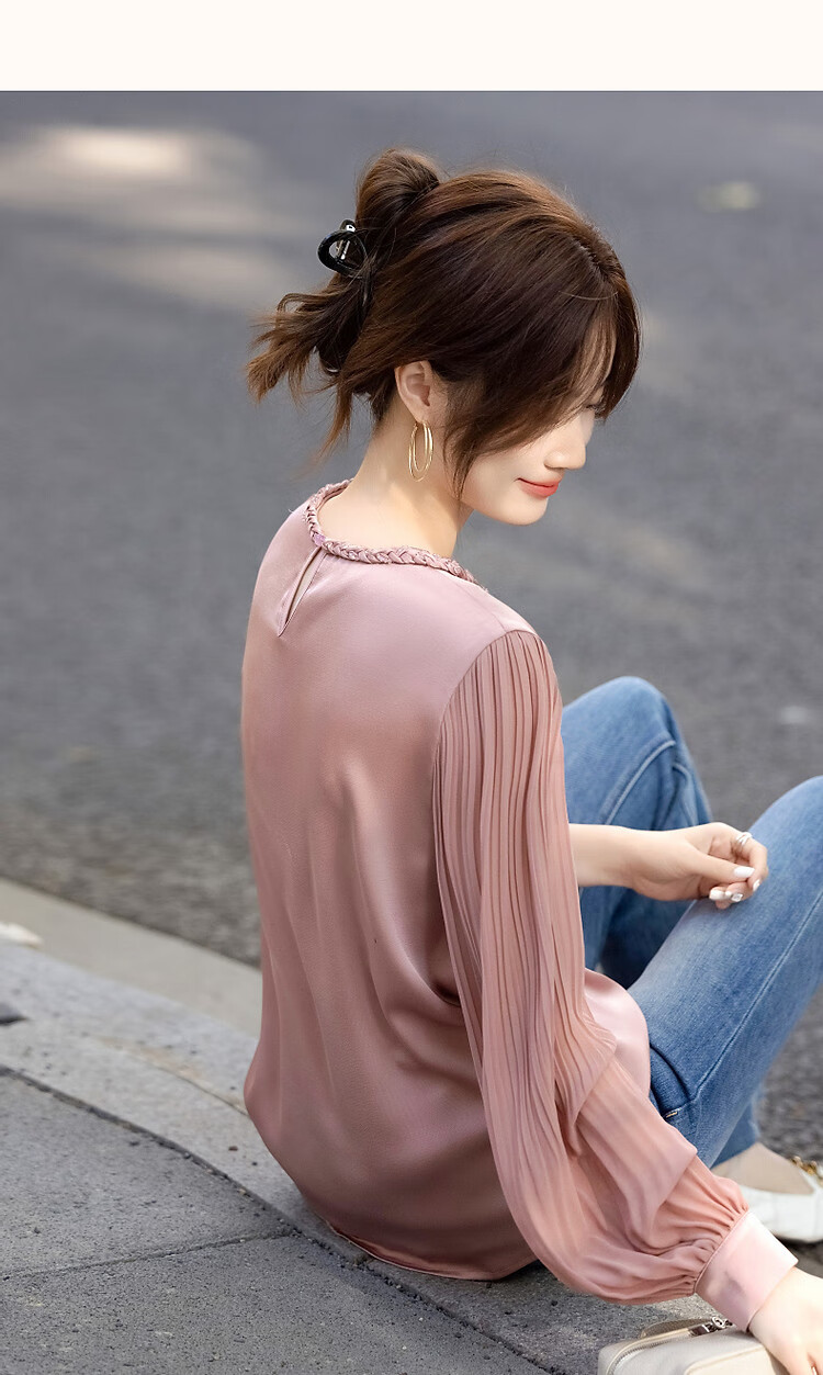 Dme [Selected Satin with Luster Yarn] Spring And Autumn Color-Block Round Neck Knit Strap Blouse, Pleated Patchwork Shirt, Women's Top 17