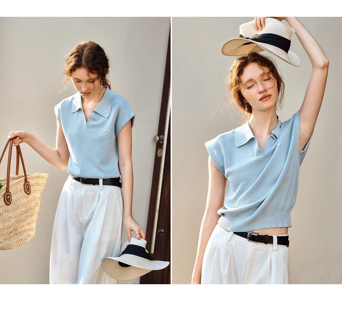 Olrain POLO Collar Knit Sweater for Women, Spring And Summer Commuter Short-Sleeve Pullover Top, Blue, Size M 39